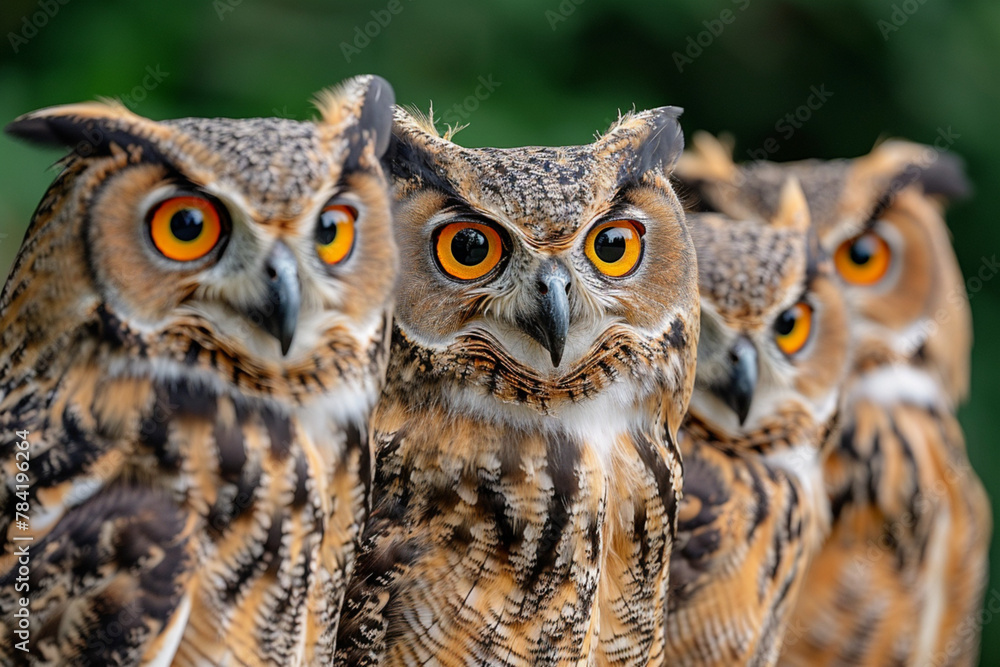 A close-up portrait of a great horned owl, a fierce predator with large yellow eyes and prominent horns A close-up portrait of a great horned owl, a fierce predator with large yellow eyes and prominent horns