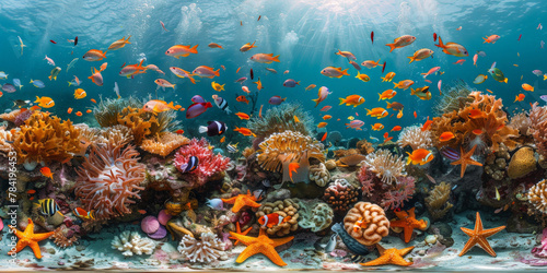 underwater sea with clear blue water with sunlight, coral reef teeming with colorful fish and starfish, showcasing the beauty of marine life. 