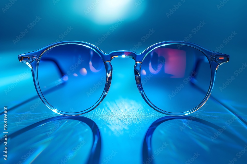 A pair of designer glasses showcased under dramatic, bright studio lights  isolated against a sky blue background. - obrazy, fototapety, plakaty 