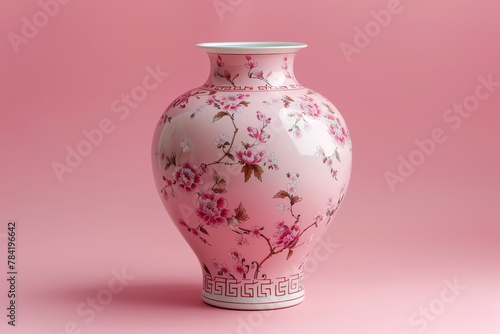 An ornate vase captured in a high-fashion photography style  isolated against a pastel pink background.