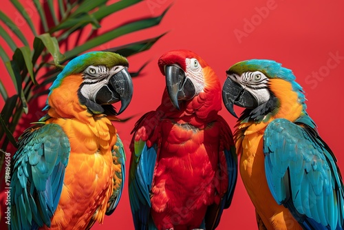Exotic parrots perched in a surreal, fashion-inspired studio composition, isolated against a bold red background.