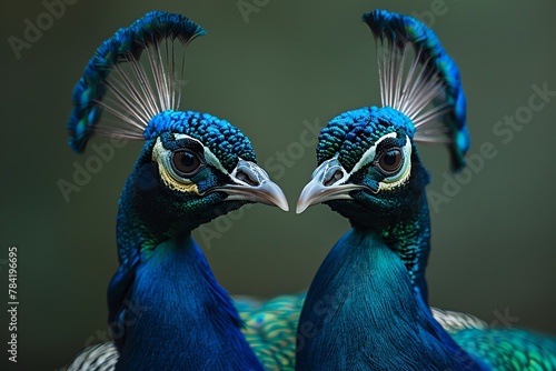 Majestic peacocks strutting in a high fashion, studio-lit setting, isolated against a rich green solid background. photo