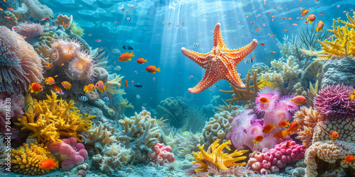 underwater sea  with clear blue water with sunlight    coral reef teeming with colorful fish and starfish  showcasing the beauty of marine life. 