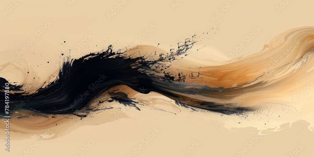 Chinese ink brush painting, minimalism, beige and black colors brush strokes on beige background Chinese ink brush painting, minimalism, beige and black colors brush strokes on beige background