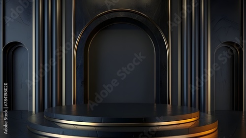 luxury black background with product display platform. Empty studio with circle podium pedestal on a black backdrop. 3D rendering 