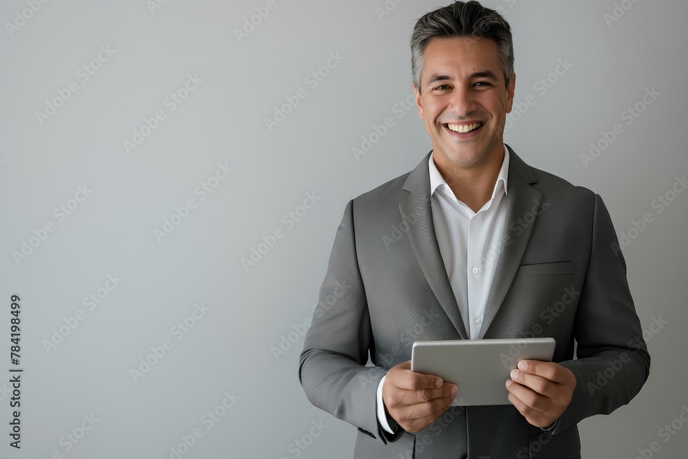 an attractive middleaged businessman smiling while holding and looking at his tablet, wearing grey suit standing over white background with copy space for text. business technology lifestyle concept. an attractive middleaged businessman smiling while holding and looking at his tablet, wearing grey suit standing over white background with copy space for text. business technology lifestyle concept.