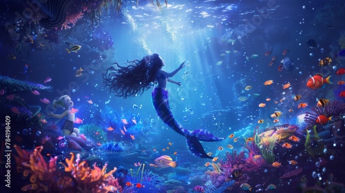 An underwater exploration with a mermaid child and sea creature friends photo