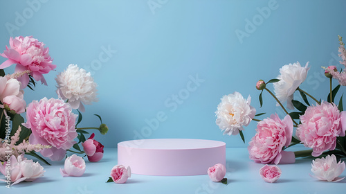 Round podium platform stand for beauty product presentation and spring beautiful peonies flowers around on blue background