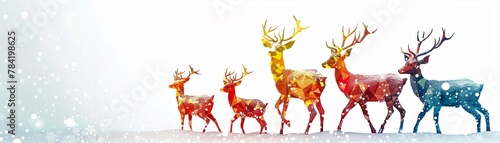 A family of reindeer walking through the snow. The reindeer are made of colorful polygons.