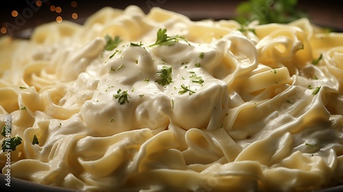 A bowl of creamy fettuccine alfredo sprinkled with parmesan cheese ,close-up,ultra HD,digital photography