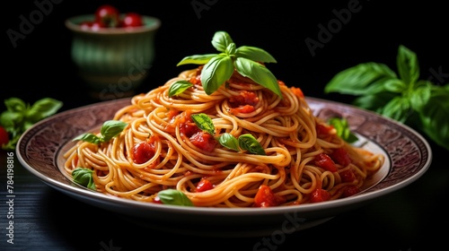 A plate of spaghetti with tomato sauce topped with fresh basil leaves ,close-up,ultra HD,digital photography