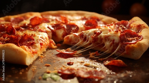 A pizza with gooey melted cheese and pepperoni on a goldenbrown crust ,close-up,ultra HD,digital photography
