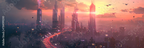 Futuristic Cyberpunk Cityscape: A Lively Symphony of Neon Lights and Advanced Technology photo