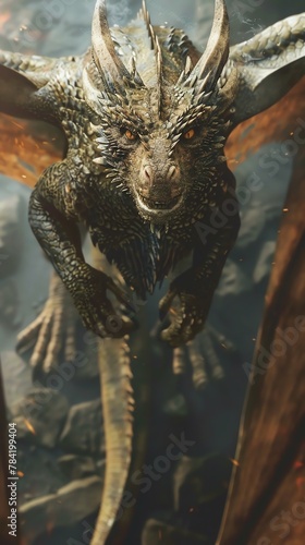 Capture a high-angle view of a majestic dragon embodying the concept of resilience and strength, rendered in photorealistic detail