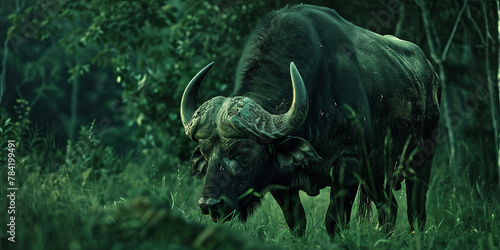 a buffalo with large horns eating grass in the forest, generative AI © VALUEINVESTOR