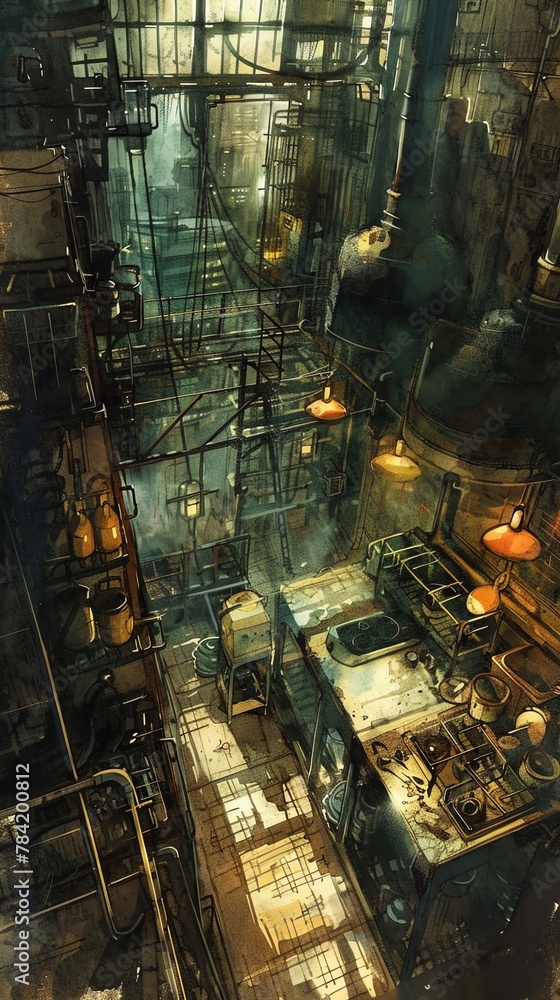 Craft a composition showcasing a birds-eye view of a chaotic kitchen space merging traditional culinary elements with ominous, industrial structures under dramatic lighting, rendered in a mix of water Craft a composition showcasing a birds-eye view of a chaotic kitchen space merging traditional culinary elements with ominous, industrial structures under dramatic lighting, rendered in a mix of water