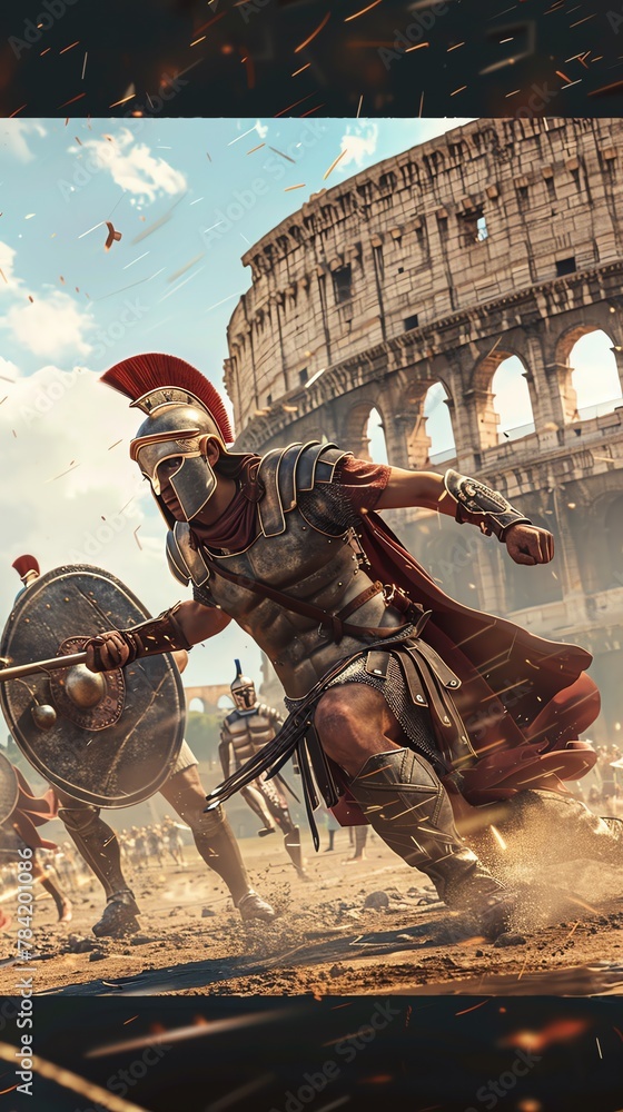Immerse viewers in a virtual tour of historical Romes Colosseum at dusk, using photorealistic rendering to showcase gladiators in action under dramatic, moody lighting effects