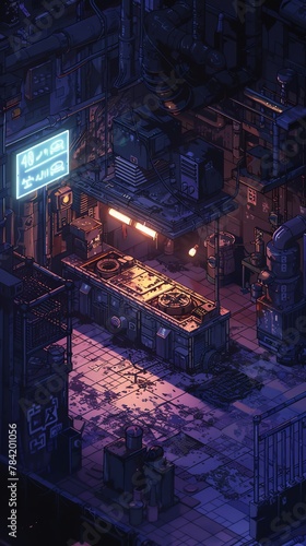 Imagine a top-down perspective of a dilapidated cooking area intertwined with advanced cooking technology, contrasted by a stark lighting setup reminiscent of cyberpunk aesthetics, executed in a pixel