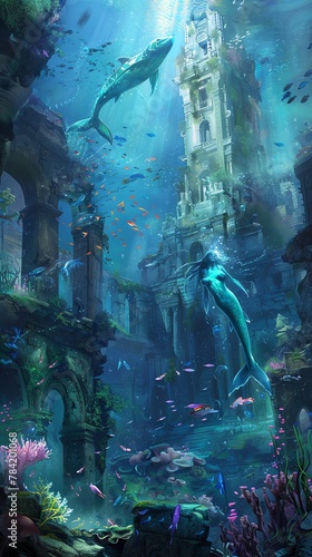 Imagine a underwater world where mermaids gracefully interact with colorful marine life amidst ancient ruins, all depicted in a dreamy surrealism art style that merges environmental backdrops with myt photo