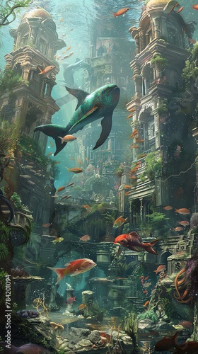 Imagine a underwater world where mermaids gracefully interact with colorful marine life amidst ancient ruins, all depicted in a dreamy surrealism art style that merges environmental backdrops with myt © Samaphon