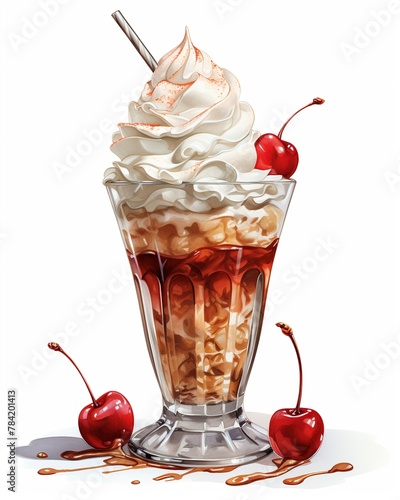 A classic American treat traditionally topped with whipped cream, chopped nuts, and a maraschino cherry  photo