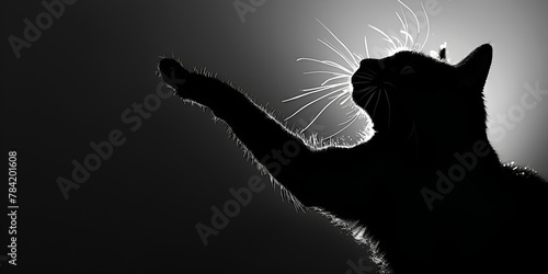 Black cat reaching up for toy and showing its claws silhouette. generative ai 