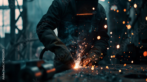 A man in a black jacket is working on a piece of metal with sparks flying. Concept of danger and excitement, as the sparks and heat from the welding process create a dramatic and intense atmosphere photo