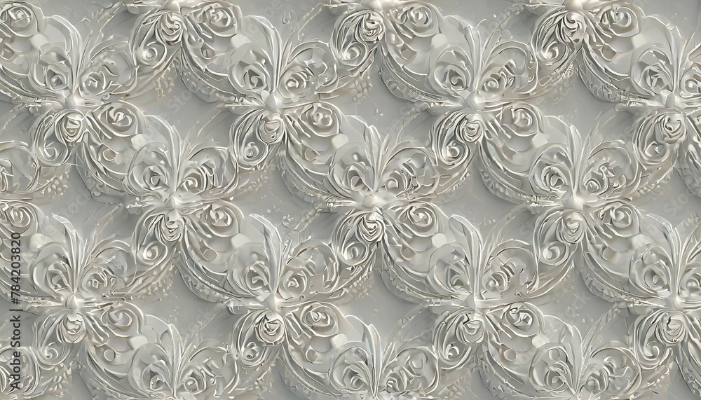 Classical Light Decorative Pattern Wallpaper. White 3D Baroque Background.