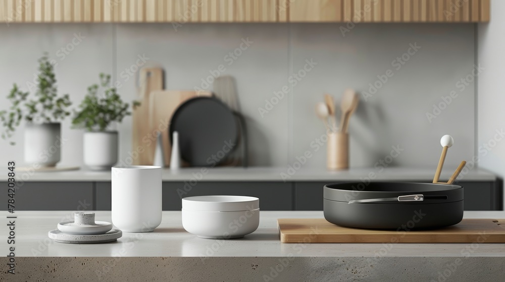 Zen-like setup of minimalist, sustainable kitchenware, emphasizing calm and cleanliness Zen-like setup of minimalist, sustainable kitchenware, emphasizing calm and cleanliness