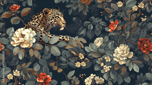 Leopard Amidst Botanical Illustration of Lush Floral Pattern