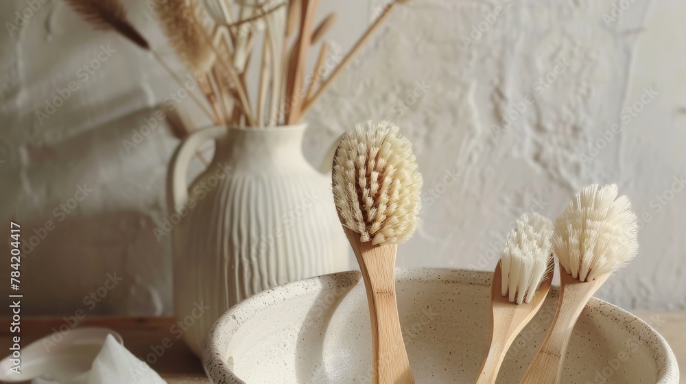 Elegant composition of eco dish brushes, a statement of minimalist and sustainable living Elegant composition of eco dish brushes, a statement of minimalist and sustainable living
