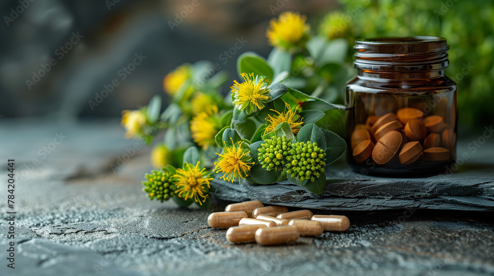 © Ummeya - A cluster of Rhodiola rosea flowers or a bottle of herbal supplement capsules symbolizing its traditional use in improving stamina © Ummeya - A cluster of Rhodiola rosea flowers or a bottle of herbal supplement capsules symbolizing its traditional use in improving stamina