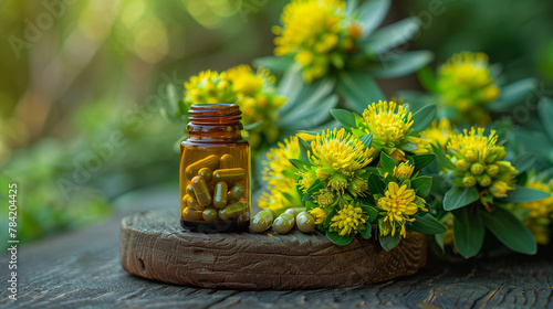 A cluster of Rhodiola rosea flowers or a bottle of herbal supplement capsules symbolizing its traditional use in improving stamina photo