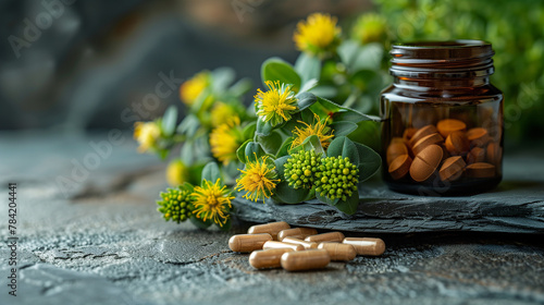 A cluster of Rhodiola rosea flowers or a bottle of herbal supplement capsules symbolizing its traditional use in improving stamina photo