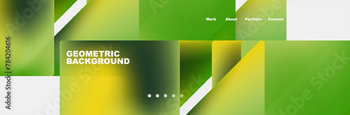 A white background with a geometric pattern of green and yellow triangles resembling a liquid flowing on grass. Closeup view with circles and rectangles creating a dynamic facade