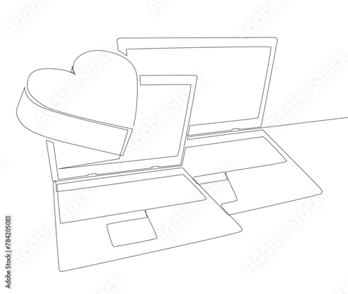 One continuous line of Laptop with Heart. Thin Line Illustration vector concept. Contour Drawing Creative ideas.