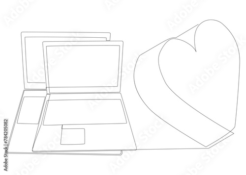 One continuous line of Laptop with Heart. Thin Line Illustration vector concept. Contour Drawing Creative ideas.