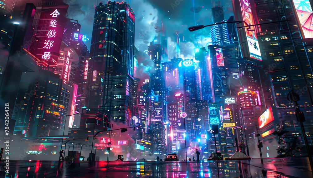Capture a mesmerizing wide-angle view of a futuristic cityscape where romance stories unfold amidst artificial intelligence breakthroughs, blending Impressionism with digital rendering techniques