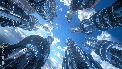 Capture a futuristic cityscape from a low-angle view using photorealistic digital rendering Blend utopian elements with futuristic technologies for a visually striking image