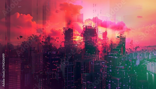 Capture a surreal dystopian cityscape filled with towering skyscrapers and crumbling infrastructure using digital glitch art techniques Bring the intricate details of this decaying world to life throu
