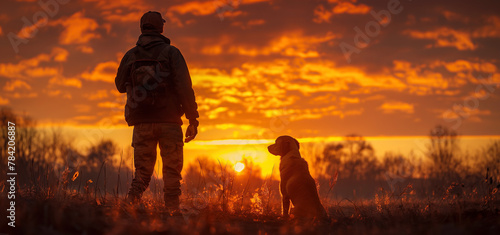 man hunter with dog in field in summer at morning sunrise against the background of forest hunting in nature