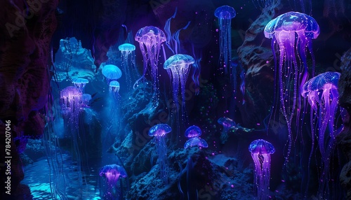 Sculpt a terrifying underwater world seen from a birds eye view with clay Illuminate the scene with innovative lighting, like glowing jellyfish and bioluminescent creatures, creating a chilling atmosp photo