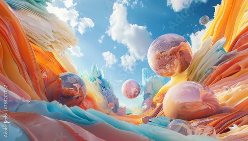 Immerse in a whimsical realm where abstract shapes symbolize emotions like joy and sorrow Incorporate digital rendering techniques for a surreal experience, experimenting with unique camera angles tha photo