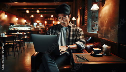 person working on laptop in bar
