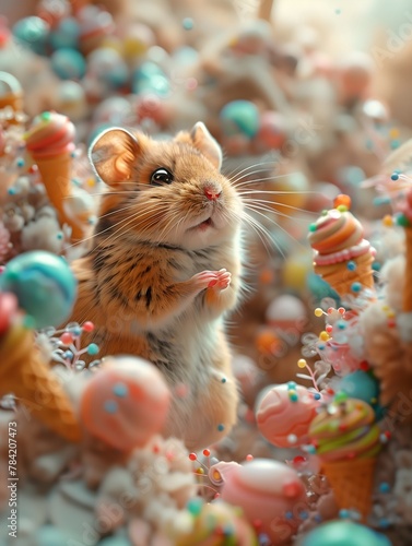 A cute hamster surrounded by colorful miniature cupcakes and candies, looking curious and adorable. © Jolanta