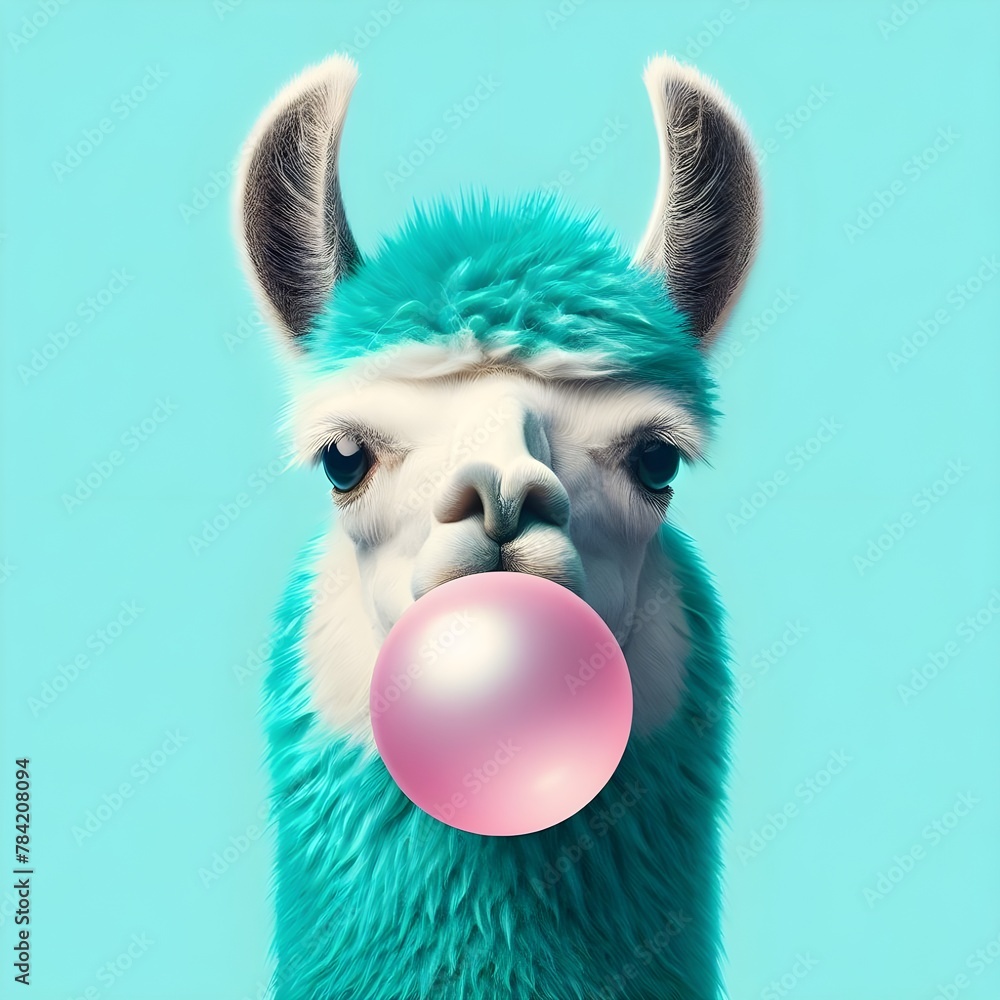 Llama is chewing on a bubblegum.
