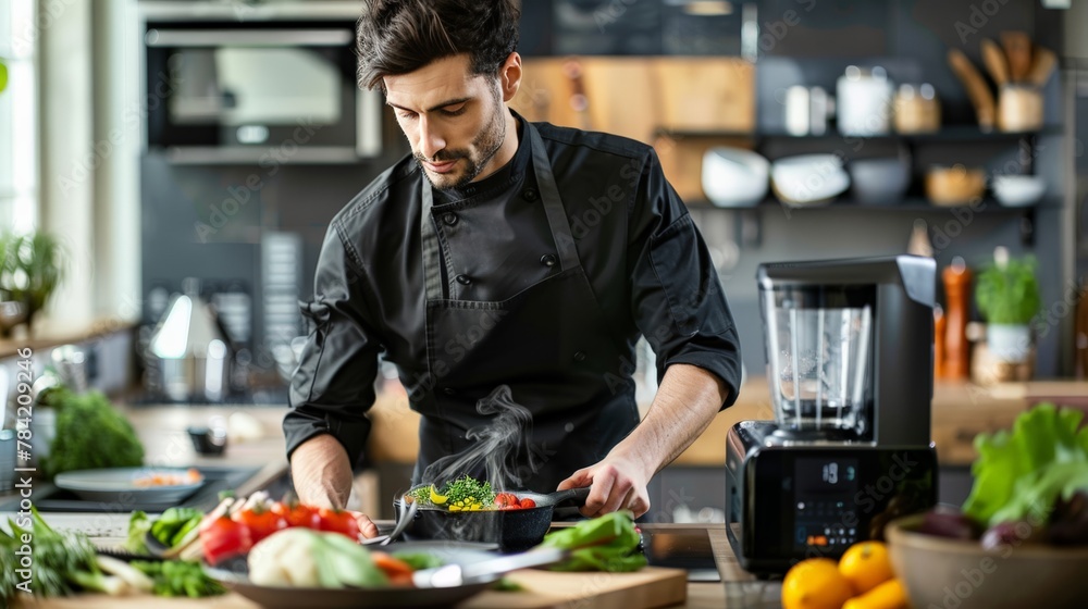 Chef preparing a meal with the assistance of a smart kitchen appliance Chef preparing a meal with the assistance of a smart kitchen appliance