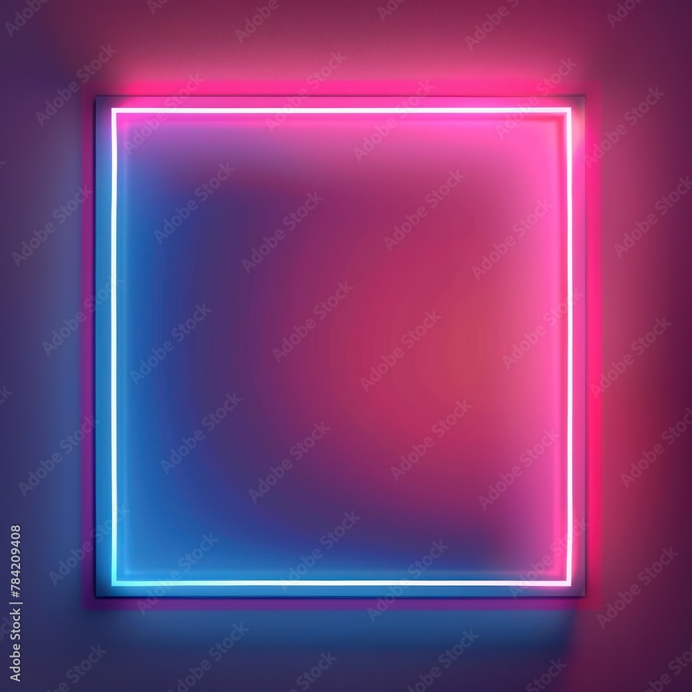 Vibrant neon frame in gradient hues of pink and blue pulsating softly on a sleek Vibrant neon frame in gradient hues of pink and blue pulsating softly on a sleek