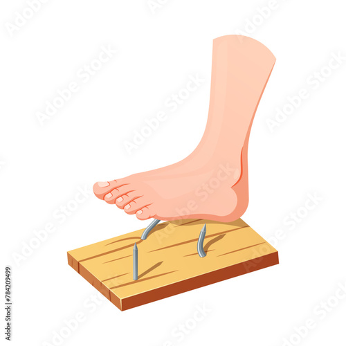 Foot stepping on steel nails isolated on white background.