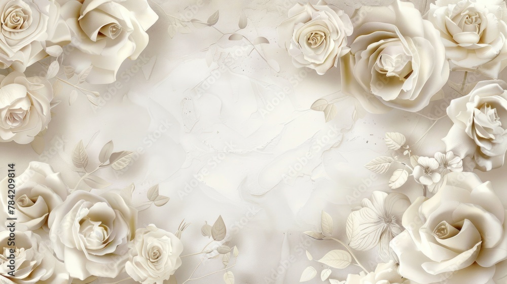Elegant floral frame of white roses arranged on a clean neutral background Elegant floral frame of white roses arranged on a clean neutral background